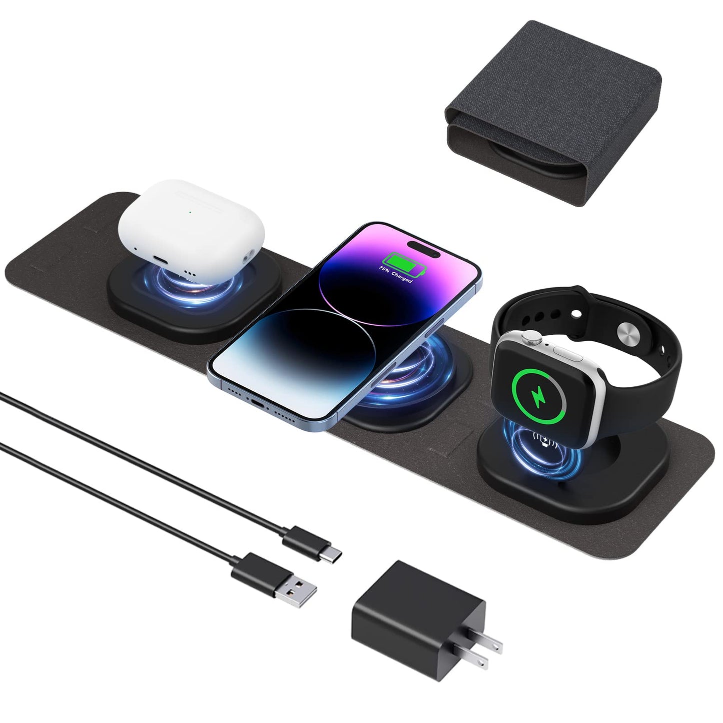 Hasbagan Travel 3 in 1 Wireless Charging StationMagnetic Portable ChargerFoldable Wireless Charger for iPhone Multiple Devices Apple Watch/iWatch/Airpods/iPhone 14 13 12 Pro Max （Black）